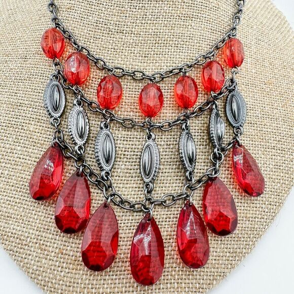 Vintage Parure Blood Red Teardrop Necklace Earrings Set Vampire Glam Bling Drape - Picture 10 of 12
